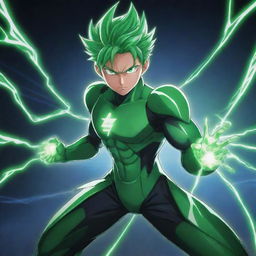 Draw an anime-style hero character emanating green electrical energy, signifying their boundless power.