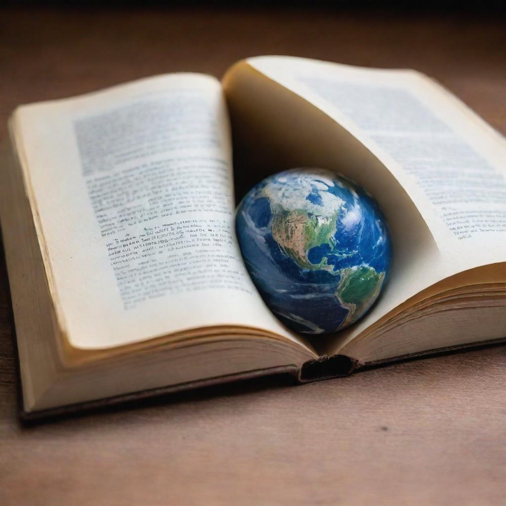 A open book with a miniature earth prominently displayed on top.