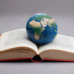 A open book with a miniature earth prominently displayed on top.