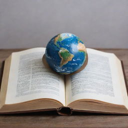 A open book with a miniature earth prominently displayed on top.