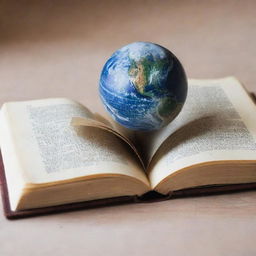 A open book with a miniature earth prominently displayed on top.