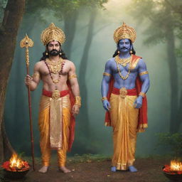 Lord Shree Ram and Ravana standing together as friends, both adorned in their traditional attire with divine auras around them, standing against a peaceful forest backdrop