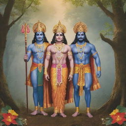 Lord Shree Ram and Ravana standing together as friends, both adorned in their traditional attire with divine auras around them, standing against a peaceful forest backdrop