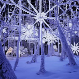 Ethereal, majestic fantasy scene at the North Pole during Christmas, with a harmony of glowing lights, elves, snowflakes, and Santa's workshop.