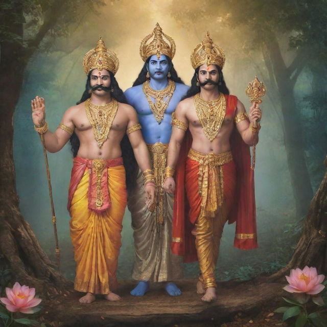 Lord Shree Ram and Ravana standing together as friends, both adorned in their traditional attire with divine auras around them, standing against a peaceful forest backdrop