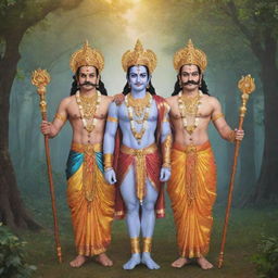 Lord Shree Ram and Ravana standing together as friends, both adorned in their traditional attire with divine auras around them, standing against a peaceful forest backdrop