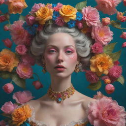 A hyper realistic Rococo woman immersed in a vibrant, flower aesthetic inspired by a DMT trip.