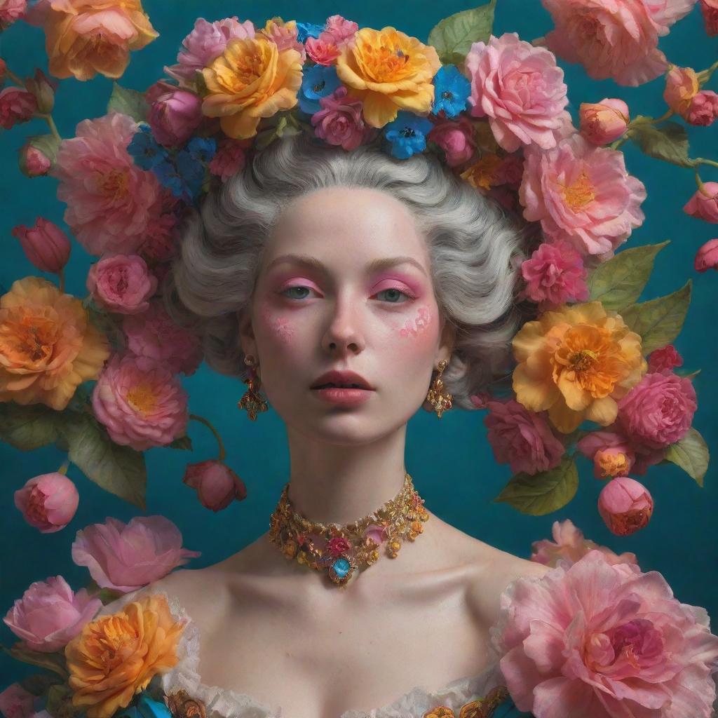 A hyper realistic Rococo woman immersed in a vibrant, flower aesthetic inspired by a DMT trip.
