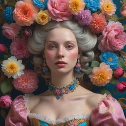 A hyper realistic Rococo woman immersed in a vibrant, flower aesthetic inspired by a DMT trip.