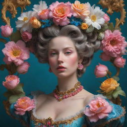 A hyper realistic Rococo woman immersed in a vibrant, flower aesthetic inspired by a DMT trip.