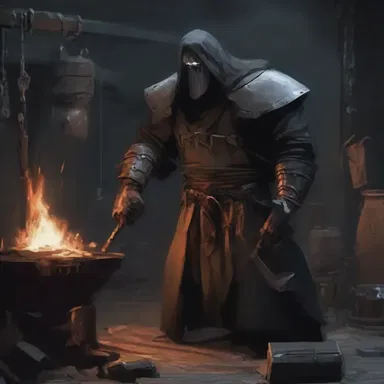 In the dark and eerie smithy, the blacksmith toiled away, creating twisted and menacing metal weapons for the dark lord.