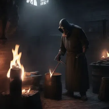 In the dark and eerie smithy, the blacksmith toiled away, creating twisted and menacing metal weapons for the dark lord.