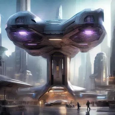 Deep in the futuristic city, a technologically advanced smithy used lasers and plasma hammers to shape metal into sleek and powerful spacecraft.