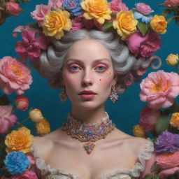 A hyper realistic Rococo woman immersed in a vibrant, flower aesthetic inspired by a DMT trip.