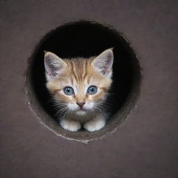 A small, adorable kitten with bright eyes peeping from a gloomy, circular sewer grate, contrasting the kitty's innocence with the stark, rustic surroundings.