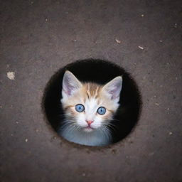 A small, adorable kitten with bright eyes peeping from a gloomy, circular sewer grate, contrasting the kitty's innocence with the stark, rustic surroundings.