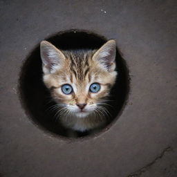 A small, adorable kitten with bright eyes peeping from a gloomy, circular sewer grate, contrasting the kitty's innocence with the stark, rustic surroundings.