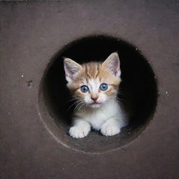 A small, adorable kitten with bright eyes peeping from a gloomy, circular sewer grate, contrasting the kitty's innocence with the stark, rustic surroundings.