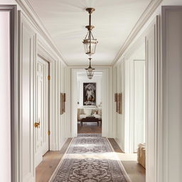 The same classic white hallway now includes a polished wooden floor and contrasted by an ornate rug.