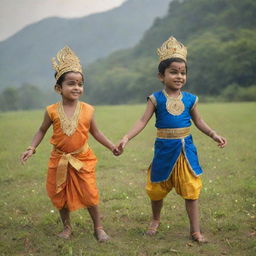 Young versions of Lord Ram and Ravana as friends, dressed in kid-friendly versions of their traditional attire, playing together in a picturesque meadow