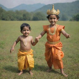 Young versions of Lord Ram and Ravana as friends, dressed in kid-friendly versions of their traditional attire, playing together in a picturesque meadow