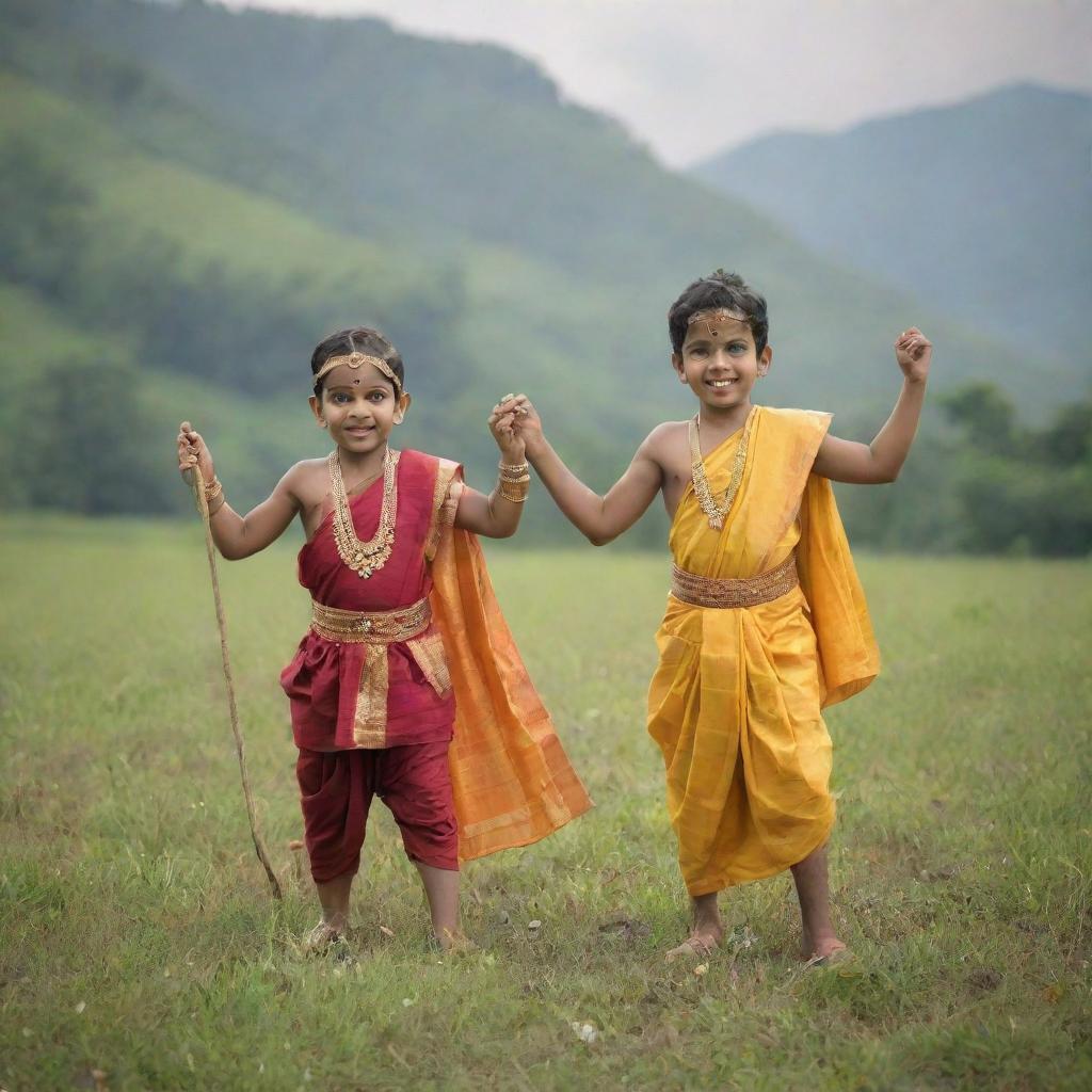 Young versions of Lord Ram and Ravana as friends, dressed in kid-friendly versions of their traditional attire, playing together in a picturesque meadow