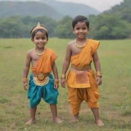 Young versions of Lord Ram and Ravana as friends, dressed in kid-friendly versions of their traditional attire, playing together in a picturesque meadow