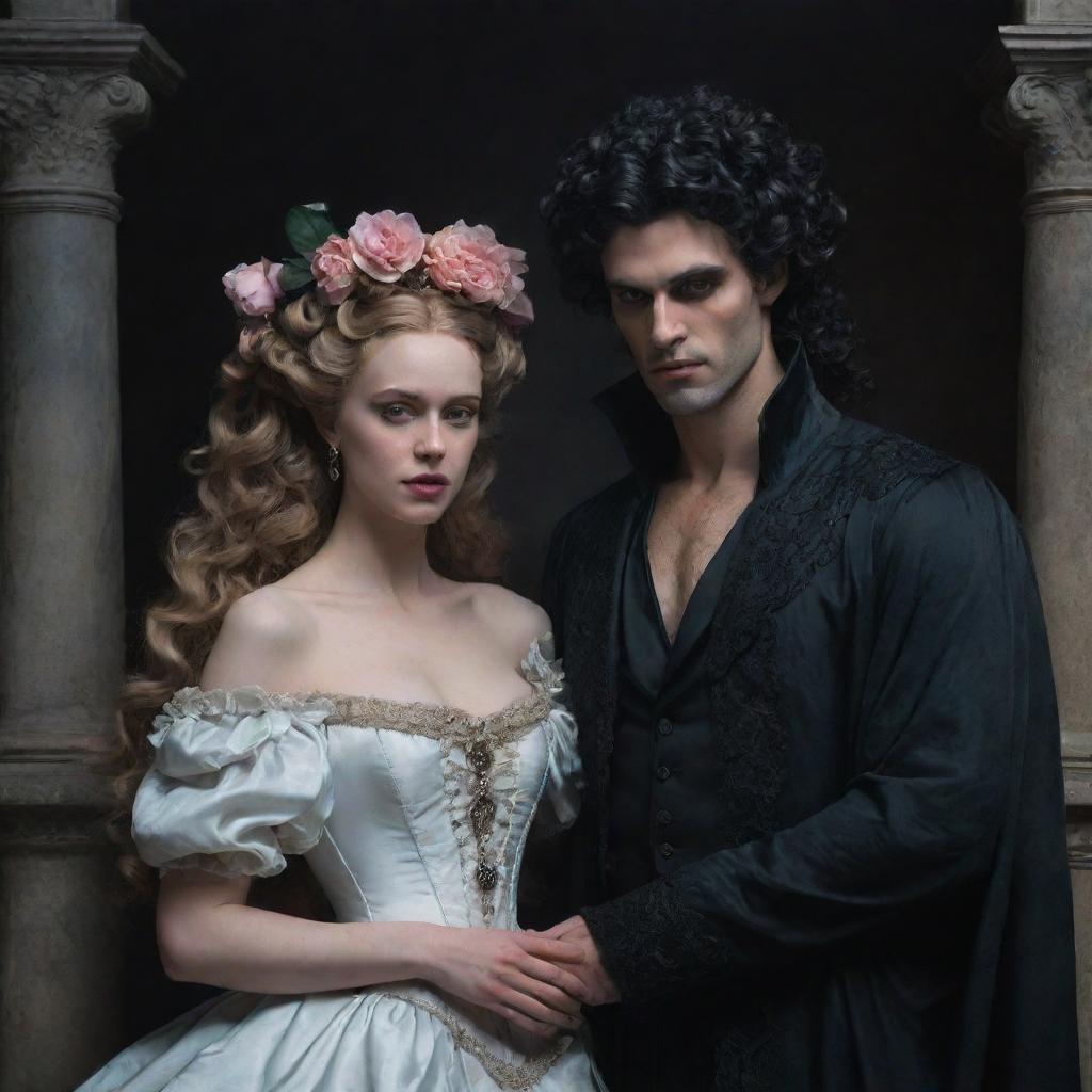 A hyper-realistic Rococo style portrait depicting Hades and Persephone in a romantic setting. The scene has a dark aesthetic, with palpable tension and mystical charm.