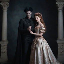 A hyper-realistic Rococo style portrait depicting Hades and Persephone in a romantic setting. The scene has a dark aesthetic, with palpable tension and mystical charm.