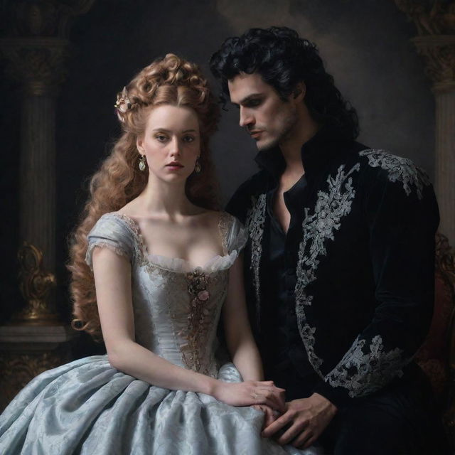 A hyper-realistic Rococo style portrait depicting Hades and Persephone in a romantic setting. The scene has a dark aesthetic, with palpable tension and mystical charm.