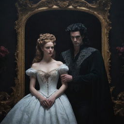 A hyper-realistic Rococo style portrait depicting Hades and Persephone in a romantic setting. The scene has a dark aesthetic, with palpable tension and mystical charm.