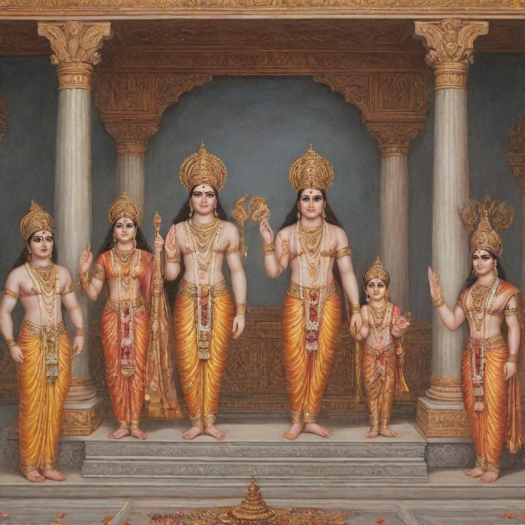 A harmonious depiction of Lord Ram with his entire family, including Sita, Lakshmana, Bharata, Shatrughna, and Hanuman, all clad in royal attire, settled in the serene ambience of Ayodhya palace.