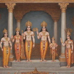 A harmonious depiction of Lord Ram with his entire family, including Sita, Lakshmana, Bharata, Shatrughna, and Hanuman, all clad in royal attire, settled in the serene ambience of Ayodhya palace.