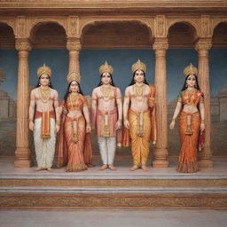 A harmonious depiction of Lord Ram with his entire family, including Sita, Lakshmana, Bharata, Shatrughna, and Hanuman, all clad in royal attire, settled in the serene ambience of Ayodhya palace.