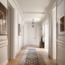 The same classic white hallway now includes a polished wooden floor and contrasted by an ornate rug.