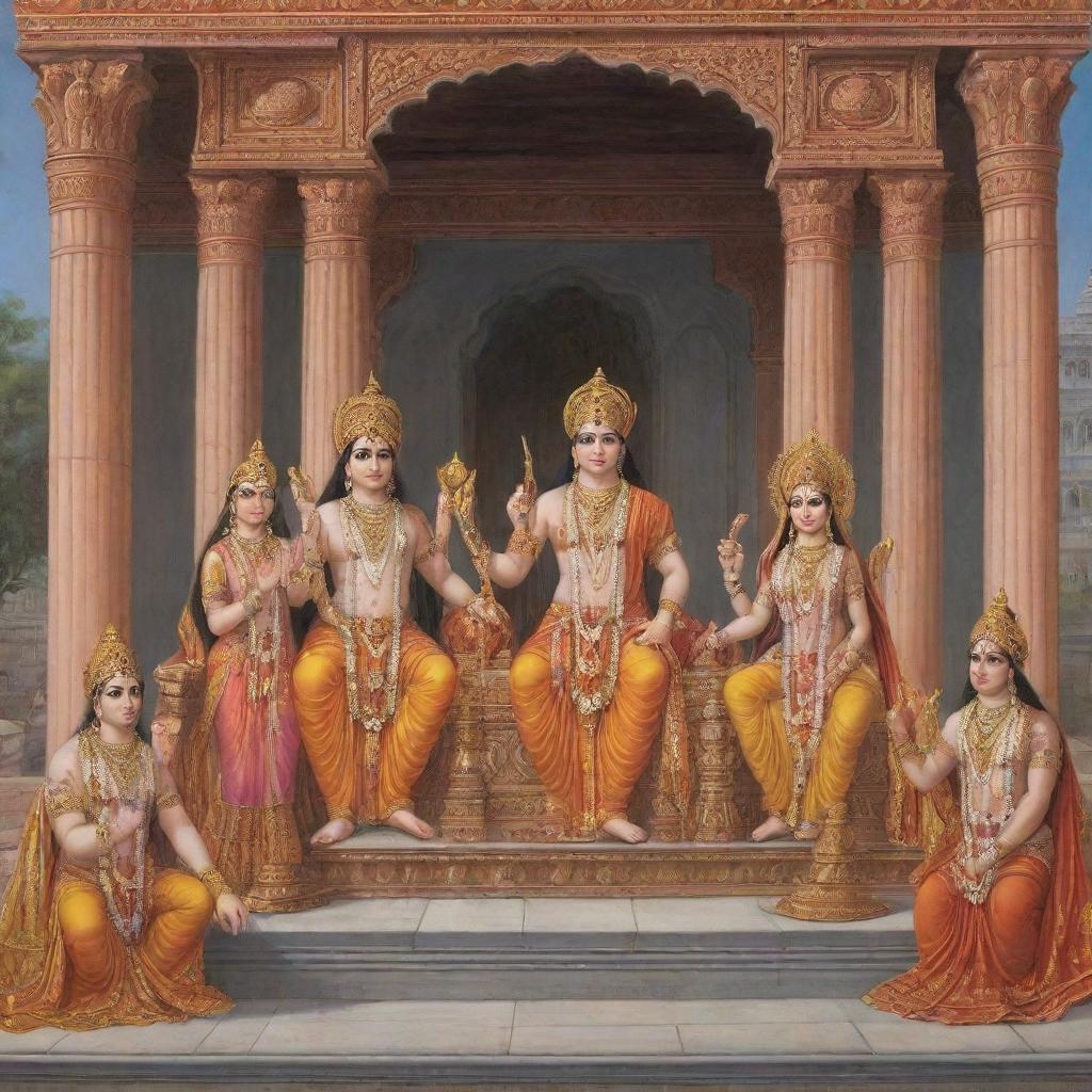 A harmonious depiction of Lord Ram with his entire family, including Sita, Lakshmana, Bharata, Shatrughna, and Hanuman, all clad in royal attire, settled in the serene ambience of Ayodhya palace.