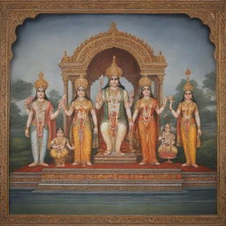 A harmonious depiction of Lord Ram with his entire family, including Sita, Lakshmana, Bharata, Shatrughna, and Hanuman, all clad in royal attire, settled in the serene ambience of Ayodhya palace.