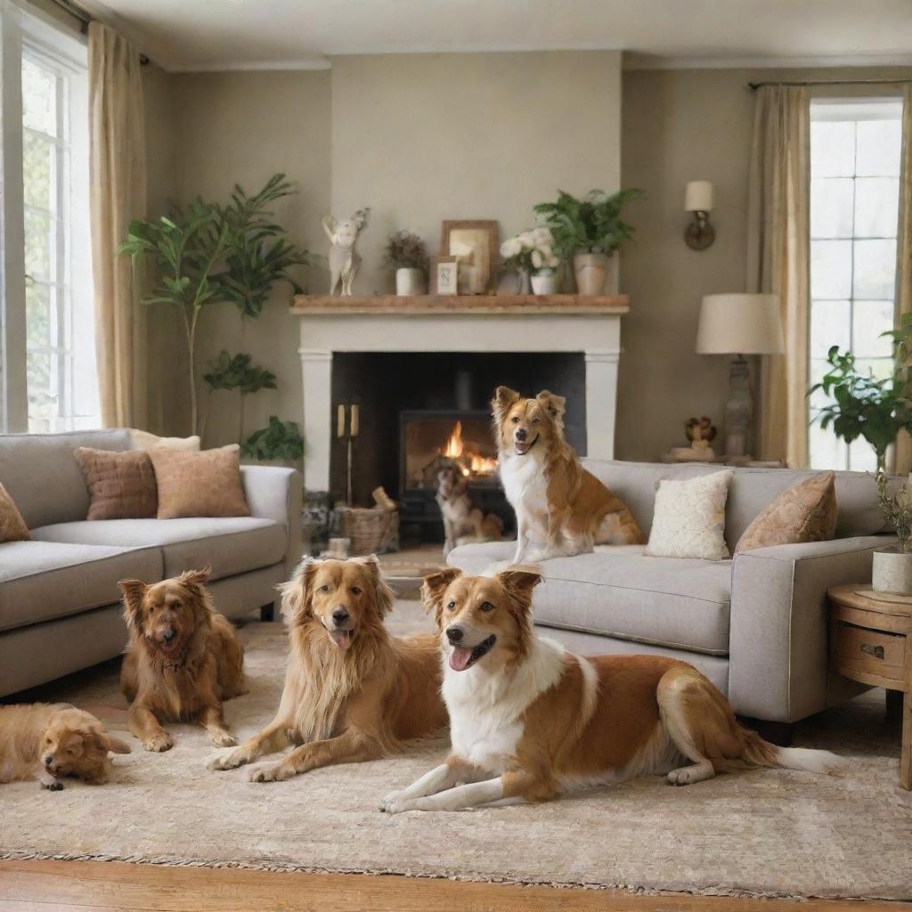 A lively scene of various breeds of dogs happily lounging and playing around in a cozy, beautifully furnished home.