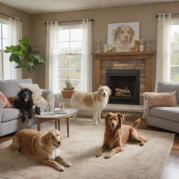 A lively scene of various breeds of dogs happily lounging and playing around in a cozy, beautifully furnished home.