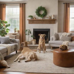 A lively scene of various breeds of dogs happily lounging and playing around in a cozy, beautifully furnished home.