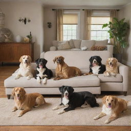 A lively scene of various breeds of dogs happily lounging and playing around in a cozy, beautifully furnished home.