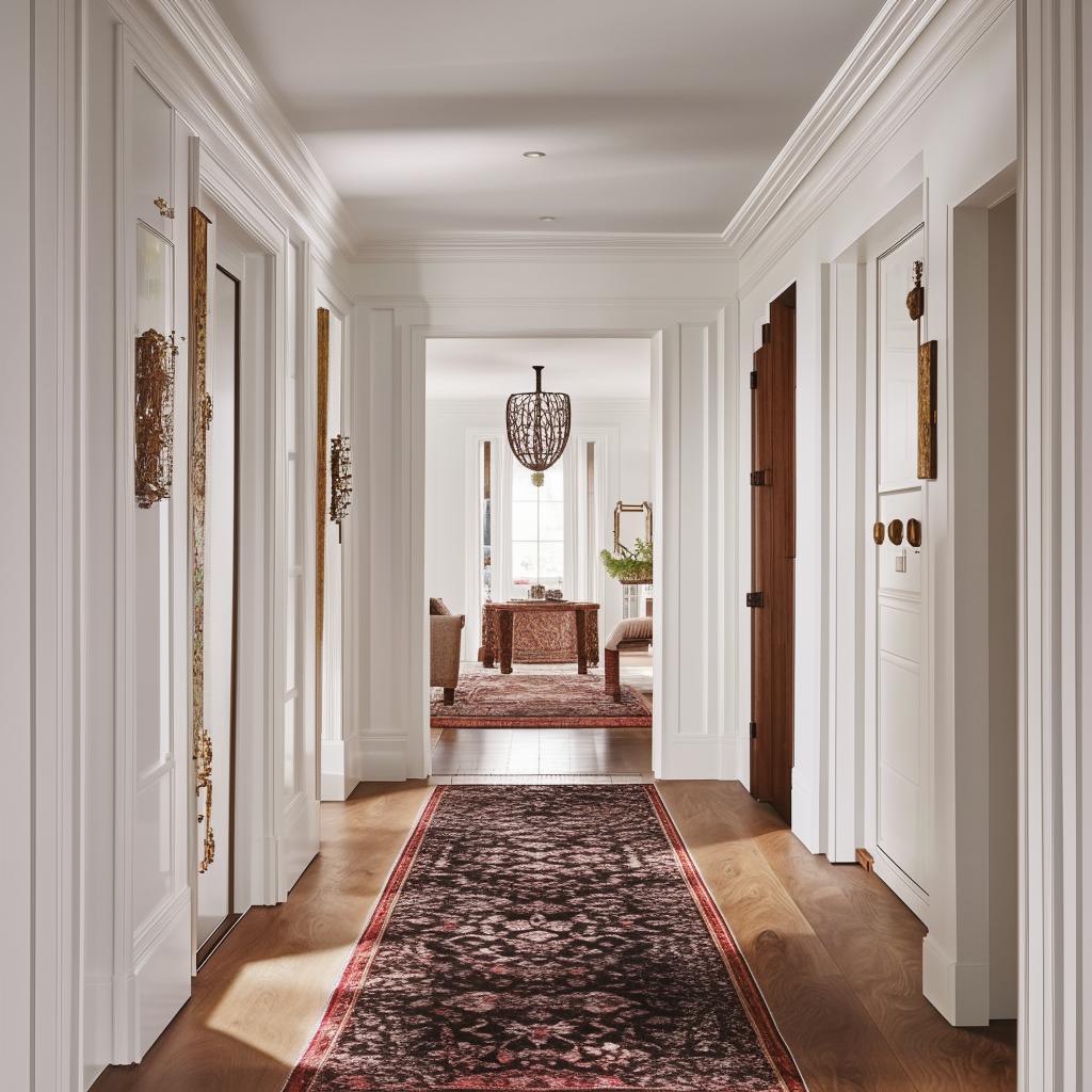 The same classic white hallway now includes a polished wooden floor and contrasted by an ornate rug.