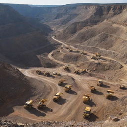 A vast expanse of a bustling gold mine with numerous industrial machines, miners clad in safety gear and gold nuggets shimmering amidst rocks.