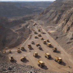 A vast expanse of a bustling gold mine with numerous industrial machines, miners clad in safety gear and gold nuggets shimmering amidst rocks.