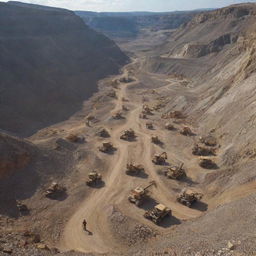 A vast expanse of a bustling gold mine with numerous industrial machines, miners clad in safety gear and gold nuggets shimmering amidst rocks.