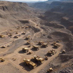 A vast expanse of a bustling gold mine with numerous industrial machines, miners clad in safety gear and gold nuggets shimmering amidst rocks.