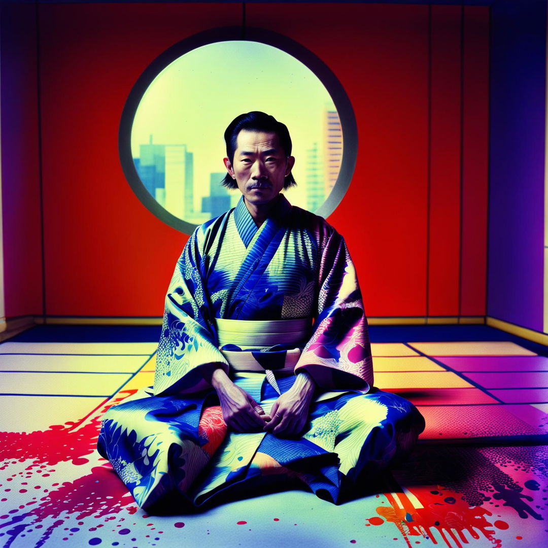 A Japanese man in traditional kimono sits in a room splattered with bright rainbow colors. The room has a retro-futuristic aesthetic with minimalistic furniture and a neon cityscape visible through a round window. The image has high details, bright colors, and is composed in the photography style of Mario Testino.