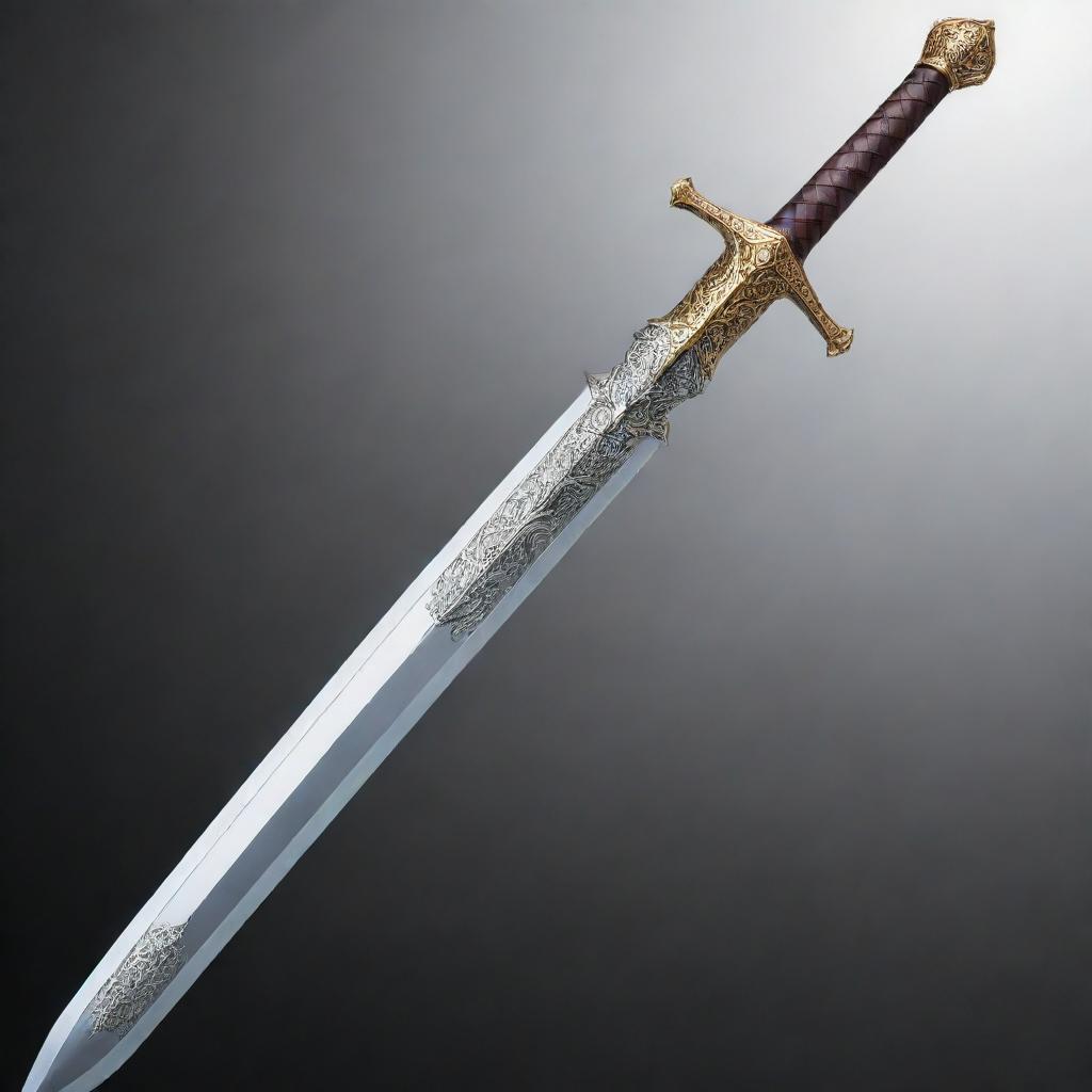 A majestic, shining Excalibur sword, with a beautifully detailed hilt and sharp blade that glimmers under an ethereal light.