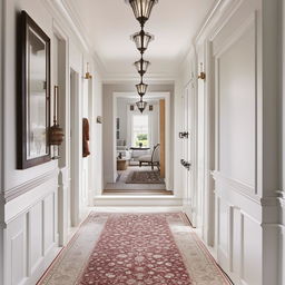 The same classic white hallway now includes a polished wooden floor and contrasted by an ornate rug.