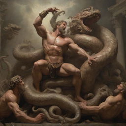 Hyper-realistic Rococo-style depiction of Hercules fighting the Hydra, in a grand, epic scene imbued with an ethereal aesthetic.